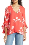 Vince Camuto Floral Print Trumpet Sleeve Top In Radiant Orange