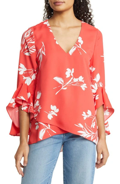 Vince Camuto Floral Print Trumpet Sleeve Top In Radiant Orange