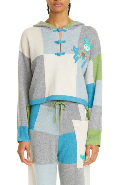 Yanyan Embroidered Colorblock Check Wool Hooded Sweater In Blue/ Green
