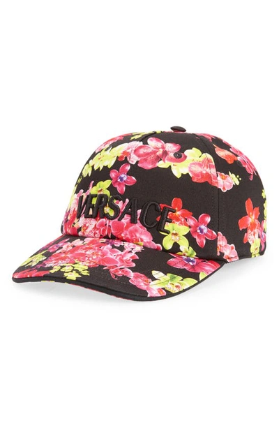 Versace Embroidered Logo Orchid Print Baseball Cap In Nero Multi