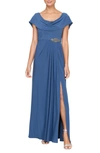 ALEX EVENINGS COWL NECK BEADED WAIST EVENING GOWN