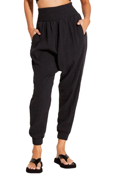 Vitamin A Nya Smocked Linen & Organic Cotton Cover-up Pants In Black Crinkle Linen