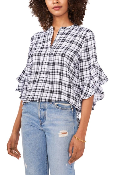 Vince Camuto Plaid Ruffle Sleeve Top In White