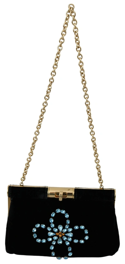 Dolce & Gabbana Velvet Evening Party Crossbody With Crystal Studs In Black