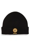 Versace Biggie Coin Embroidered Logo Rib Wool Beanie In Black/ Gold