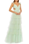 Mac Duggal Ruffle Tiered Tulle Cut Out Gown In Mint