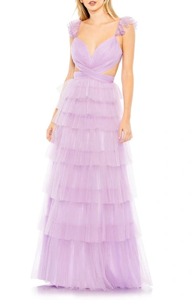 Mac Duggal Ruffle Tiered Tulle Cut Out Gown In Lilac