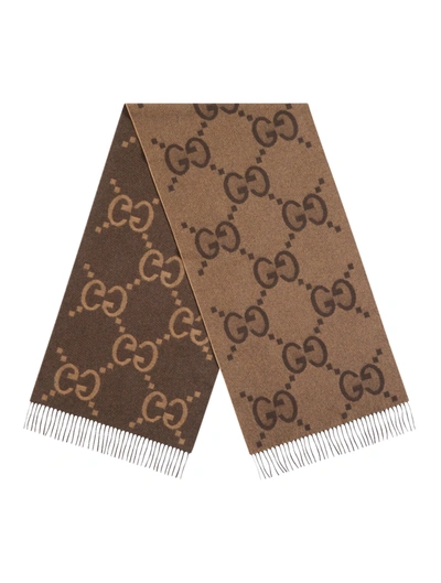 Gucci Gg Jacquard Cashmere Scarf In Brown