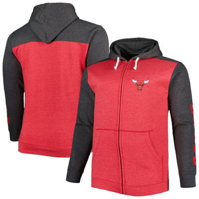 Fanatics Men's Heathered Red, Heathered Black Chicago Bulls Big And Tall Down And Distance Full-zip Hoodie In Heathered Red,heathered Black