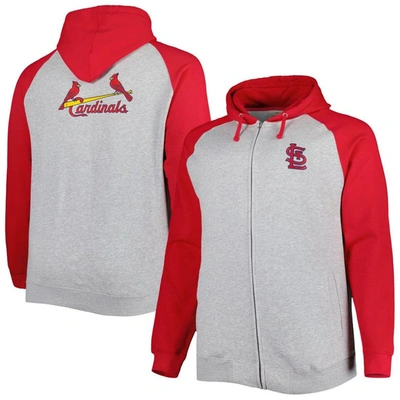 Profile Men's Heather Gray, Red St. Louis Cardinals Big And Tall Raglan Hoodie Full-zip Sweatshirt In Heather Gray,red