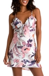 MIDNIGHT BAKERY SHEA FLORAL RUFFLE TRIM TIE FRONT SATIN CHEMISE