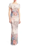 ADRIANNA PAPELL MATELASSÉ FLORAL JACQUARD COLUMN GOWN,081903250