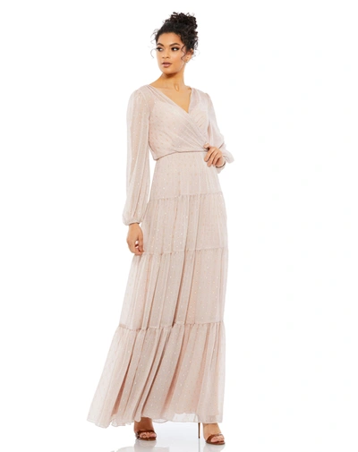 Ieena For Mac Duggal V Neck Tiered Ruffle Gown In Blush