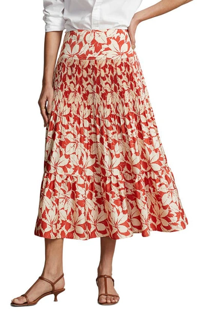 Polo Ralph Lauren Camile Floral Print Pleated Skirt In Birch Leaves Print