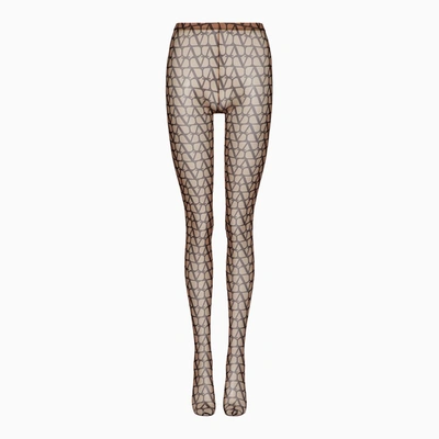 Valentino Beige\/black Tights With All-over Logo