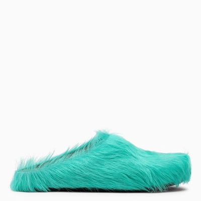 Marni Turquoise Fur Low Mules In Green