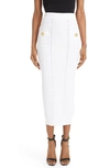 Balmain Button-embellished Ribbed-knit Midi Skirt In White