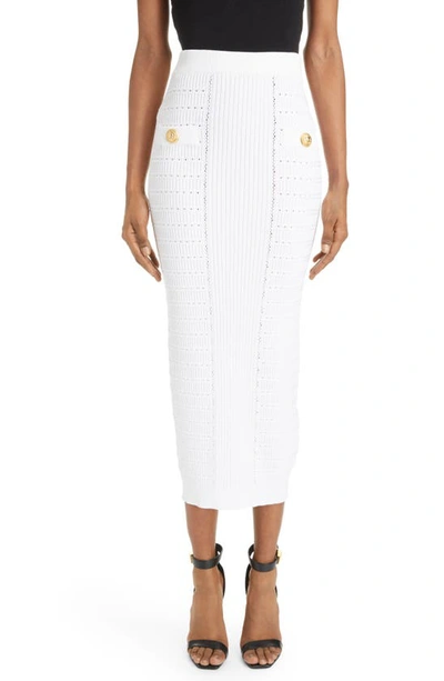 Balmain Button-embellished Ribbed-knit Midi Skirt In White
