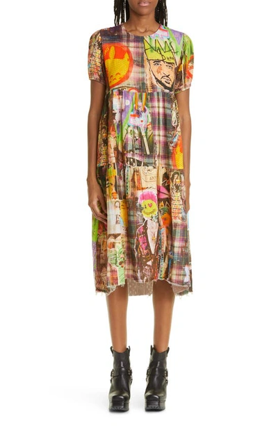 R13 Graffiti Plaid Raw Hem Crinkled Cotton Gauze Midi Dress In Multi