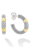 Lagos Diamond Hoop Earrings With Smooth 18k Gold And Classic Sterling Silver Caviar Beading In Silver
