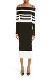 Attico Amalia Striped Off-the-shoulder Knit Midi Dress In White/ Black