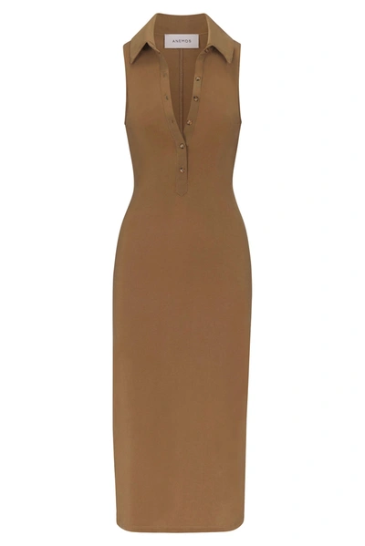Anemos Collared Sleeveless Midi Dress In Stretch Cupro In Sandstone