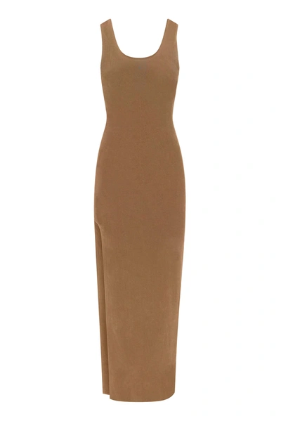 Anemos Open Back Tank Maxi Dress With Side Slit In Stretch Cupro In Sandstone