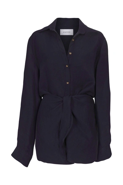 Anemos The L.a. Button-down Wrap Dress In Linen Cupro In Navy
