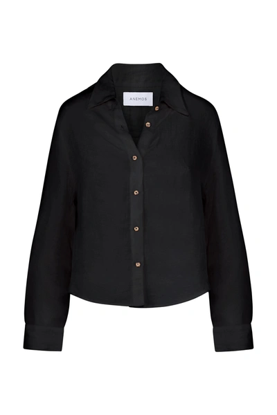 Anemos The Phillips Long Sleeve Button-down Shirt In Linen Cupro In Black