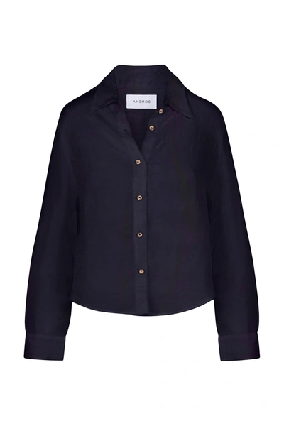 Anemos The Phillips Long Sleeve Button-down Shirt In Linen Cupro In Navy
