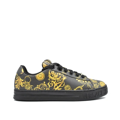 Versace Jeans Couture Printed Leather Sneakers In Black