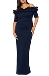 Xscape Ruffle Sleeve Off The Shoulder Scuba Crepe Sheath Gown In Navy