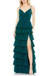 Mac Duggal Tiered Ruffle Empire Waist Chiffon Gown In Deep Green