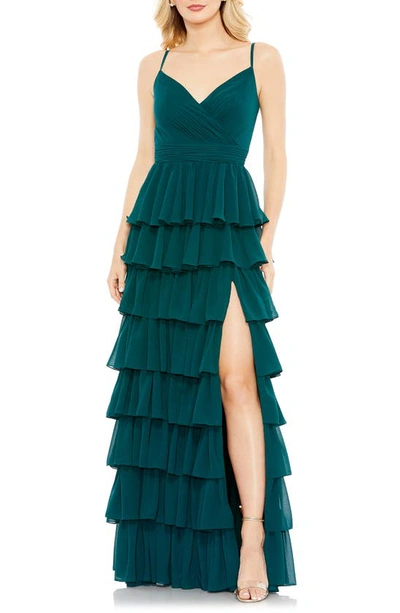 Mac Duggal Tiered Ruffle Empire Waist Chiffon Gown In Deep Green