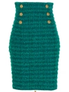 Balmain Tweed Double-breasted Pencil Skirt In Green
