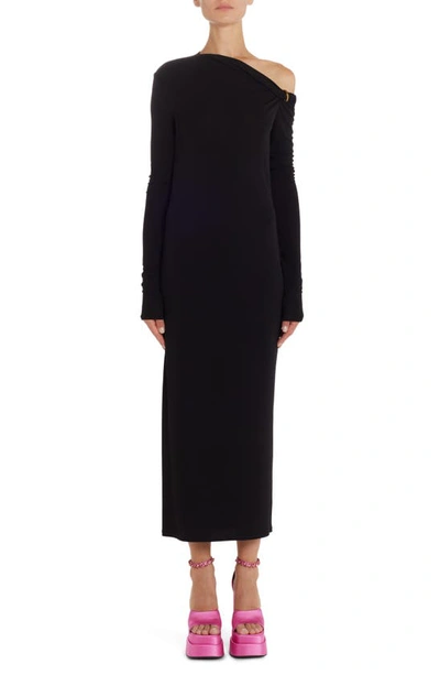 Versace One-shoulder Long Sleeve Jersey Midi Dress In Black