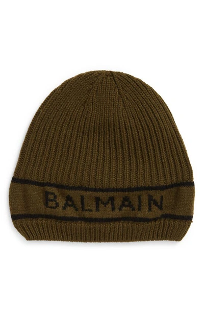 Balmain Intarsia-logo Beanie In Kaki Noir