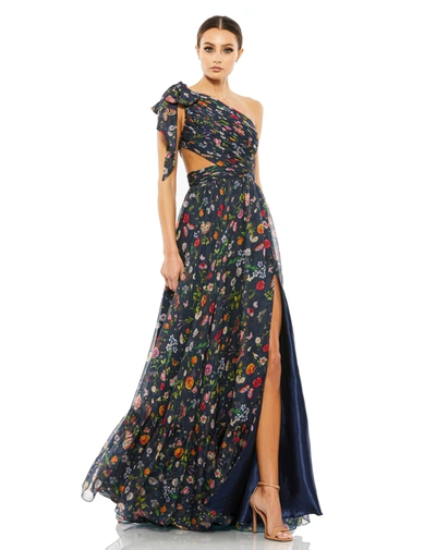 Ieena For Mac Duggal Tied One Shoulder Cut Out Flowy Gown In Navy/multi