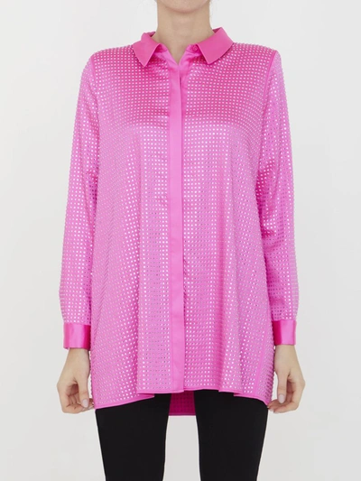 Self-portrait Hot Fix Rhinestone Embellished Satin Shirt In Pink