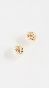 Tory Burch Swarovski Crystal Imitation Pearl Double Stud Earrings In Ivory/shiny Gold