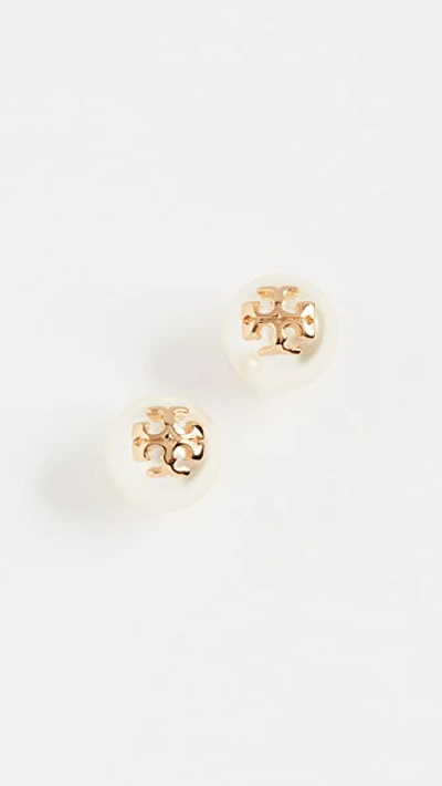 Tory Burch Swarovski Crystal Imitation Pearl Double Stud Earrings In Ivory