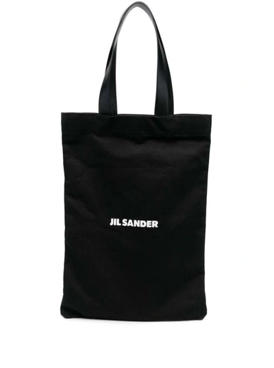 Jil Sander Black Tote Bag With Logo Print In Canvas Woman