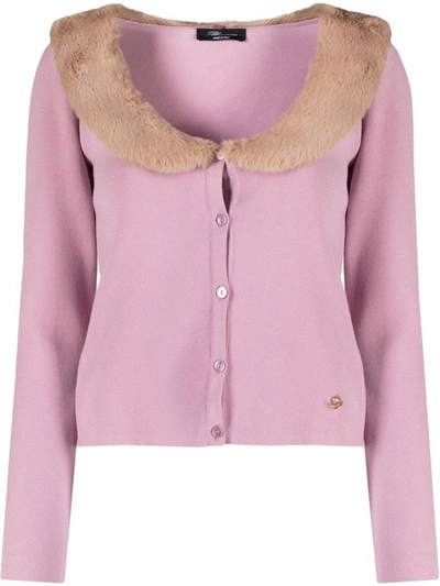 Blumarine Faux-shearling Cardigan In Pink