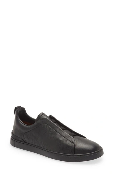 Zegna Triple Stitch Deerskin Leather Slip-on Sneaker In Black