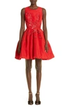 CAROLINA HERRERA EMBROIDERED SEQUIN FIT & FLARE SILK DRESS