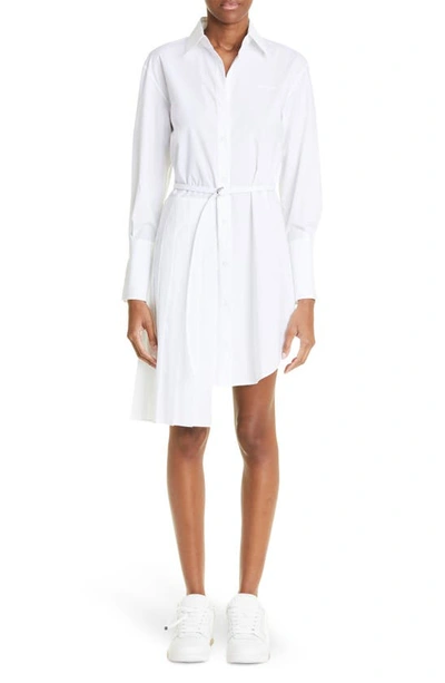 Off-white Diag Pleated Asymmetric Long Sleeve Cotton Shirtdress In White