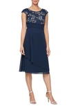 Alex Evenings Embroidered Bodice A-line Cocktail Dress In Navy/ Silver
