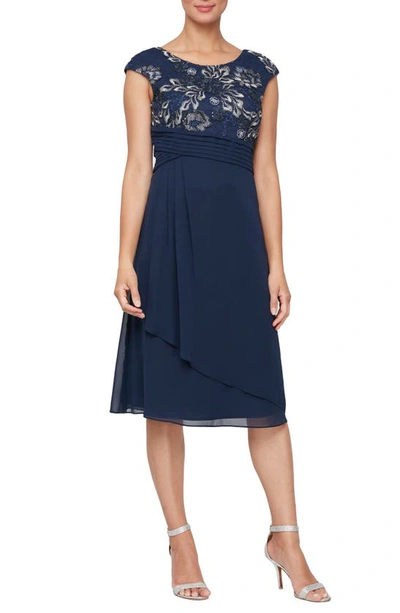Alex Evenings Embroidered Bodice A-line Cocktail Dress In Navy/ Silver