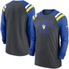 NIKE NIKE HEATHERED CHARCOAL/ROYAL LOS ANGELES RAMS TRI-BLEND RAGLAN ATHLETIC LONG SLEEVE FASHION T-SHIRT