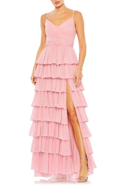 Mac Duggal Tiered Ruffle Empire Waist Chiffon Gown In Rose